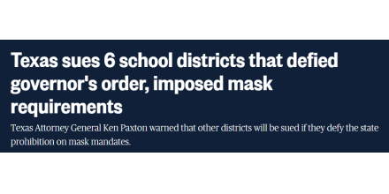 因要求师生戴口罩，美国得州6个学区将被州政府起诉