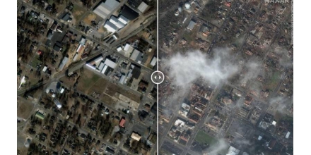 Comparison of satellite images before and after tornado damage in the United States: everything is r